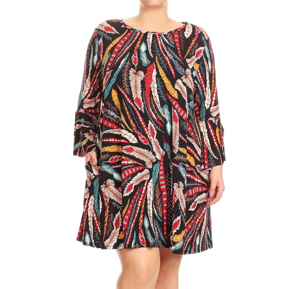 Multicolor Feather Print Swing Dress